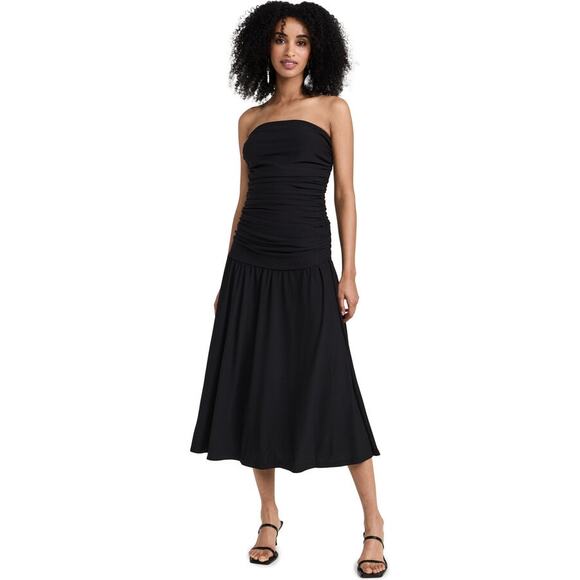 Pixie Market Women's Solid Ruched Black Strapless Flared Long Maxi Dress Size L - Picture 1 of 12